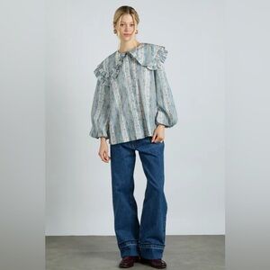 Damson Madder Lois Double Collar Floral Print Cotton Blouse Blue UK 14 / US 10